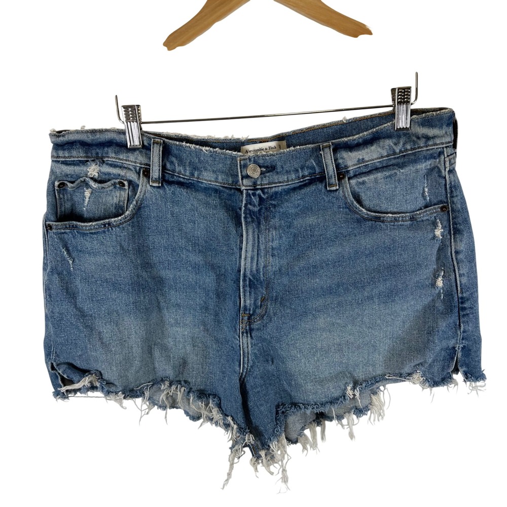 Abercrombie & Fitch The Mom Short High Rise Distressed Denim Short Blue Sz 33/16